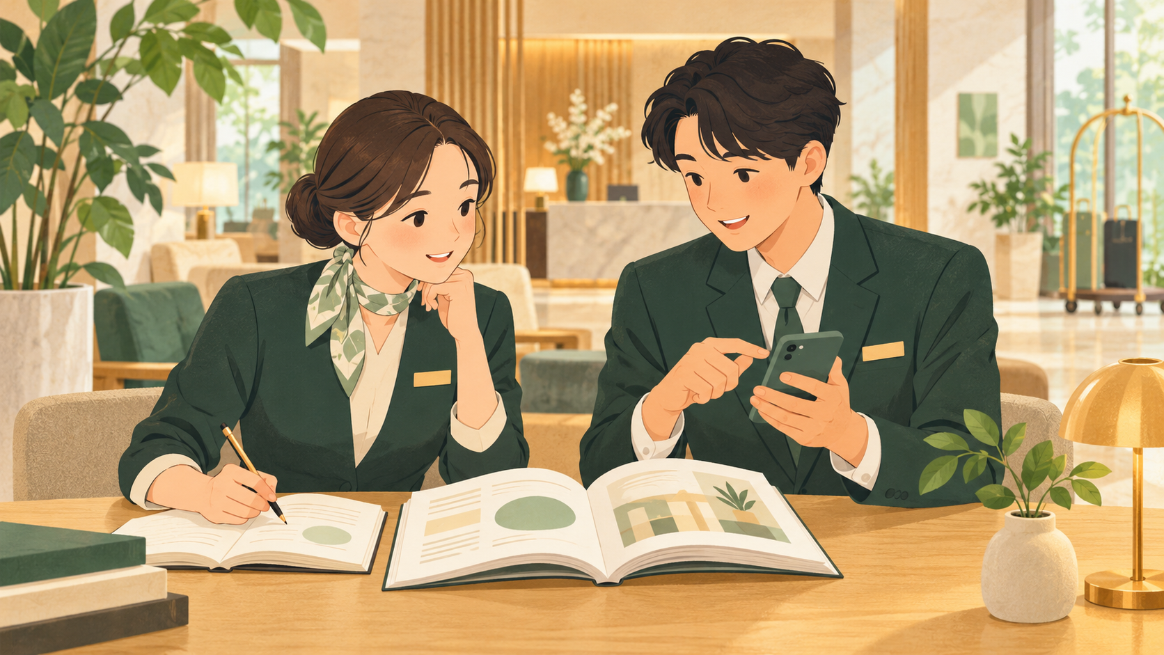 教材とスマートフォンを使って一緒に学ぶホテルスタッフのイラスト